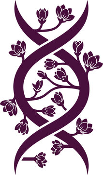 Elegant purple botanical DNA double helix with stylized flower branches design
