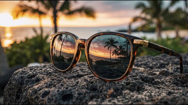 Close up of stylish tortoiseshell sunglasses resting on a volcanic lava rock at sunset, featuring a vibrant reflection of palm trees and orange sky in the lenses.