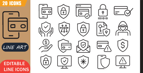Secure payment icons set, 20 editable line art icons set, online payment, secure payment, encryption, fraud safety digital, banking transaction finance, protection theme style, clean outline vector © MD.Kawsar Hossan