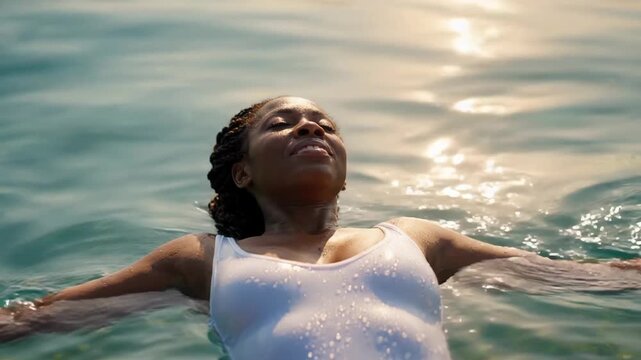 Person floating on water with closed eyes
