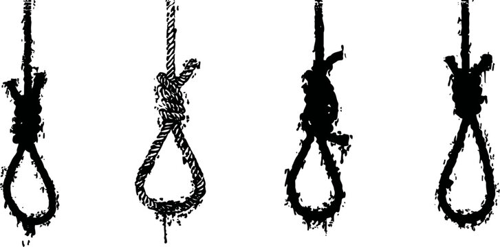Various black rope nooses hanging with knots isolated on white background silhouette