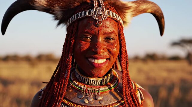 Radiant Smile of a Himba Woman with Traditional Red Ochre and Horned Headdress in the African Savanna, Ideal for Cultural Documentaries.