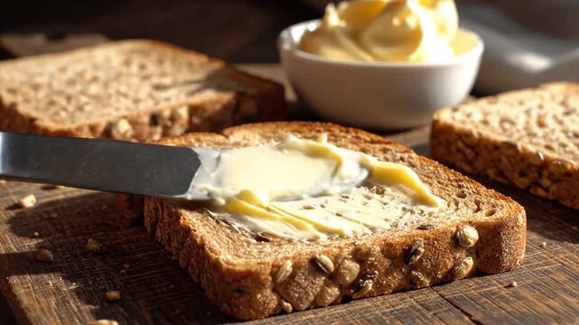 Delicious Morning Breakfast: Spreading Creamy Butter on Fresh Multi-grain Seeded Bread ideal for food blogs and healthy lifestyle content.