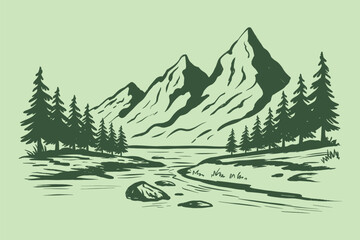 Mountain landscape with pine forest and river illustration outline sketch vector illustration © Business Technology