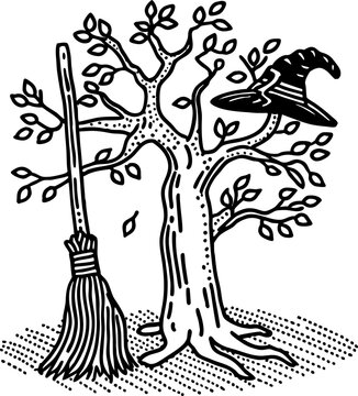 Witch hat hanging on tree branch with broomstick standing nearby autumn fall magic symbol
