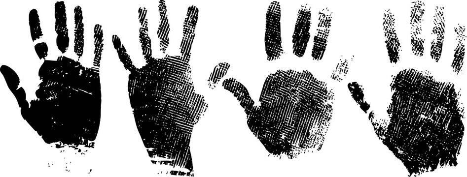 Four black handprints on white background ink prints with distinct finger and palm details