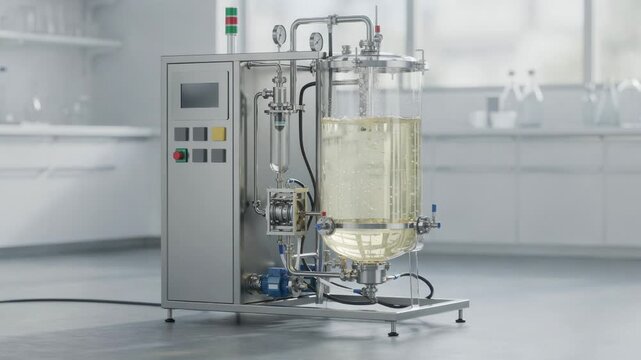 Medium shot of a compact aerobic fermentation skid showing transparent fermenter with active bubbling integrated pumps filters and userfriendly control panel in a clean lab
