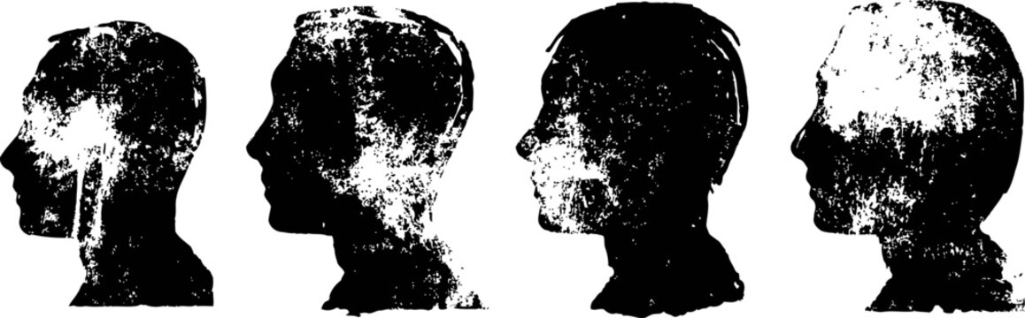 Silhouettes of four human heads in profile with textured grainy effect on white background