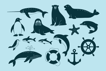 Set of cute arctic animals and nautical elements outline sketch vector illustration © Business Technology