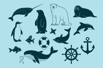 Set of marine animals and nautical icons outline sketch vector illustration © Business Technology