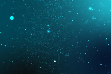 Glowing cyan bokeh particles in dark blue abstract deep space background. Ideal for technology, science, or futuristic design projects. © Dinamartina93