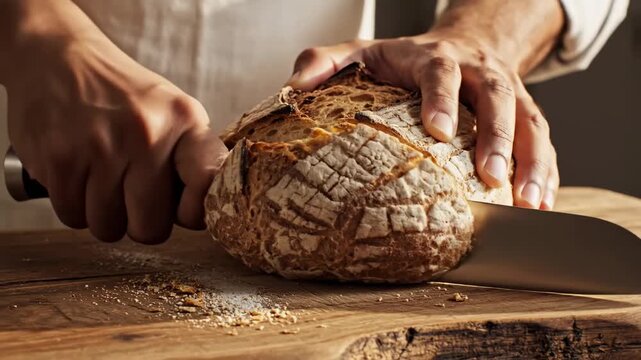 Freshly Baked Sourdough: Baker Slicing Crusty Artisanal Bread on a Rustic Wooden Board, ideal for bakery marketing and culinary content.