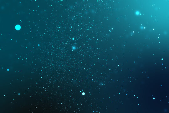 Glowing cyan bokeh particles in dark blue abstract deep space background. Ideal for technology, science, or futuristic design projects.