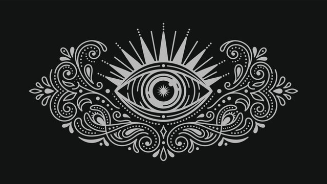 Ornate silver mystical eye with sunburst and filigree scrolls on a black background