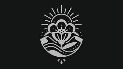 Fototapeta premium Minimalist floral line art icon with sun rays and landscape on black background