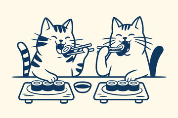 Two cute cartoon cats eating sushi with chopsticks outline sketch vector illustration © Business Technology
