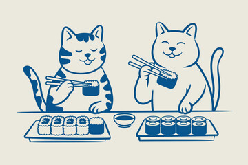 Two cute cats eating sushi rolls with chopsticks outline sketch vector illustration © Business Technology