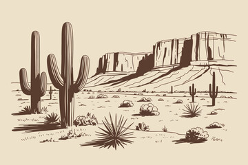 Desert landscape with saguaro cacti and rocky mesas outline sketch vector illustration © Business Technology