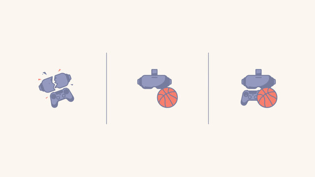 Broken game controller transforming into basketball player holding a ball