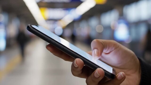 Close-up of Hand Using Smartphone with Glowing Screen in Blurred Public Station Background Ideal for Mobile App Marketing.