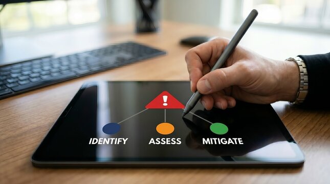 Business person using tablet to identify assess and mitigate risk