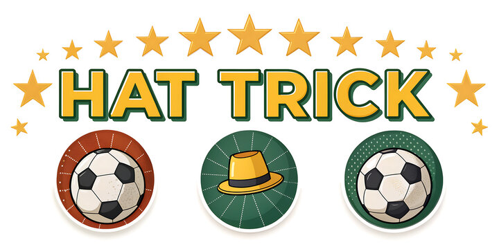 Hat trick text design with three football icons isolated on transparent background