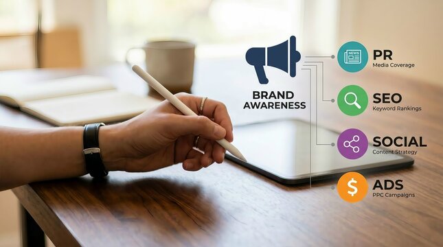 Person writing marketing strategy for brand awareness and online ads