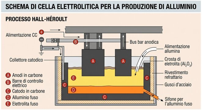 schema della cella elettrolitica per la produzione di alluminio. 