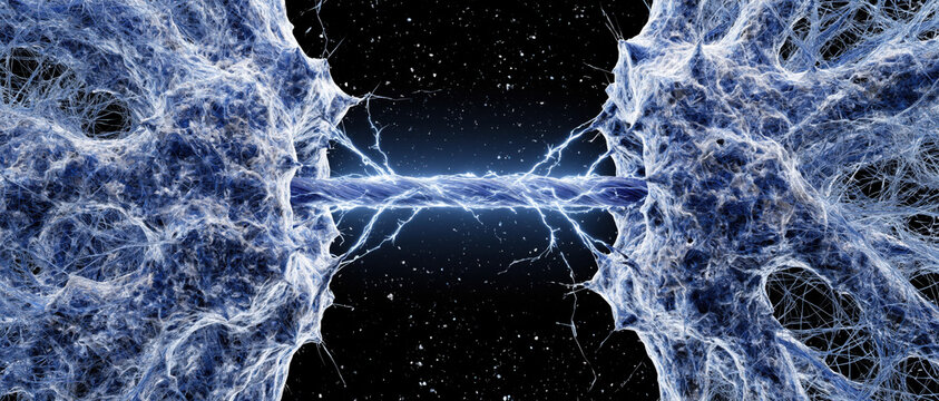Electric energy blue thread neural network digital fiber cosmic space abstract connection glowing line data flow futuristic design quantum link charged electric energy blue thread bridges complex