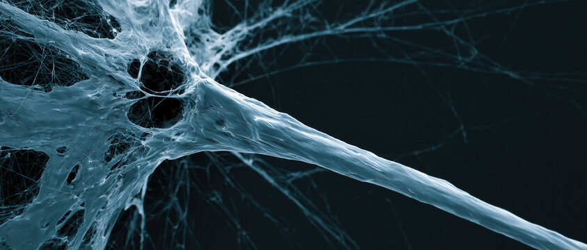 Abstract neural network connection biology science 3d render neuron structure medical web blue thread dark background technology energy