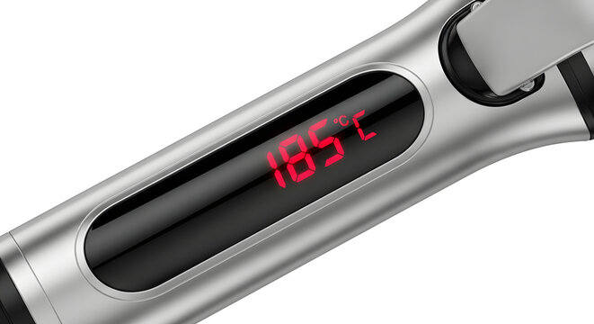 Detail View of a Modern Silver Hair Styler Handle with Digital LED Temperature Screen Displaying 185 Celsius for Heat Controlled Hair Styling and Professional Beauty Care