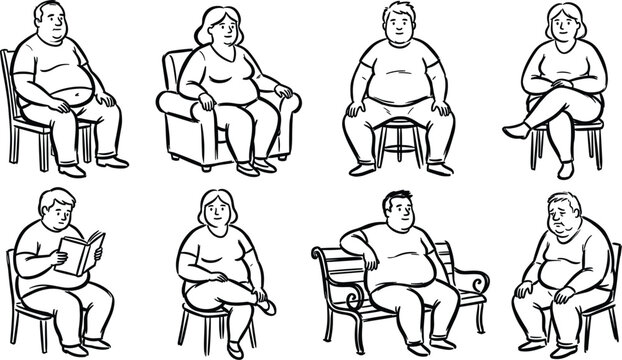 Overweight and Obese People Sitting Vector Character Set with Plus Size Cartoon Men and Women Resting on Chairs, Armchairs, and Benches for Health Illustration Designs