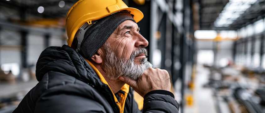 Construction worker senior man safety helmet industrial factory warehouse engineer supervisor foreman reflective thoughtful male worker wearing yellow safety helmet large industrial warehouse