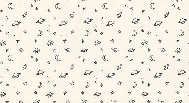 Minimalist hand drawn seamless pattern of outer space with planets, rockets, UFOs, stars, and crescent moons
