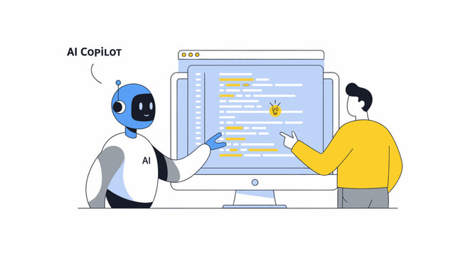 AI Copilot and Developer Collaborating on Software Code Illustration