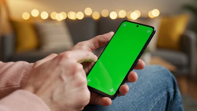 Modern Mobile Interaction: Close-up of hands using a green screen smartphone in a cozy living room with bokeh lights, ideal for app demonstrations and digital marketing content.