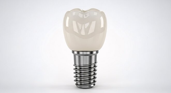 Close-up of a dental implant with a tooth-shaped ceramic crown and metal screw base on a plain background for dental care and implant procedures