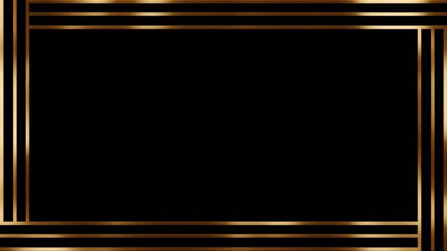 Elegant gold frame with animated geometric lines and metallic sparkling light reflection. Luxury golden border on transparent alpha channel background for video overlay