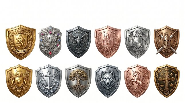 Medieval fantasy shields collection, 12 ornate heraldic crests in gold silver and bronze metal, knightly coat of arms icons for gaming and fantasy design