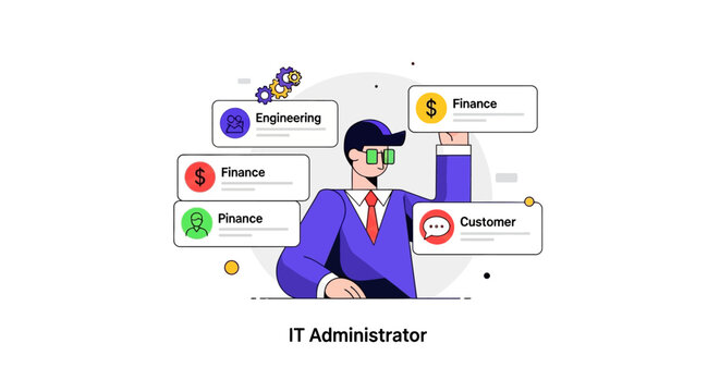 IT Administrator Managing Enterprise Business Operations and Data Workflow Illustration