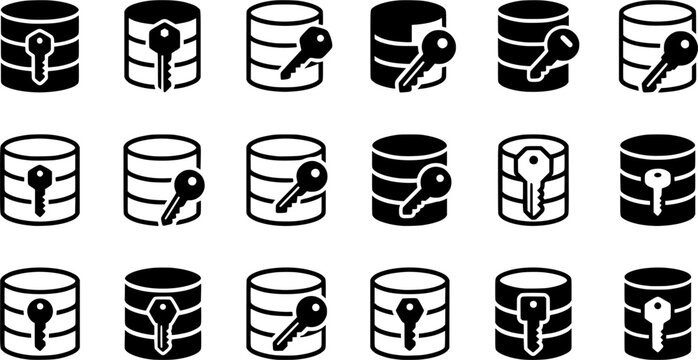 Database Key Icons Collection for Secure Data Access, Encryption, Authentication, and Protected Server Storage