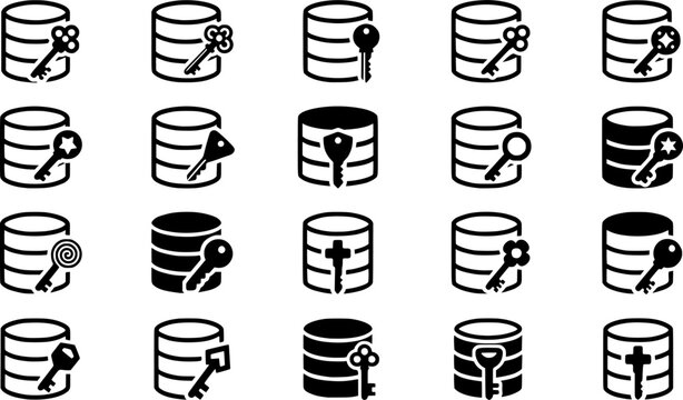 Database Key Icons Collection for Secure Data Access, Encryption, Authentication, and Protected Server Storage