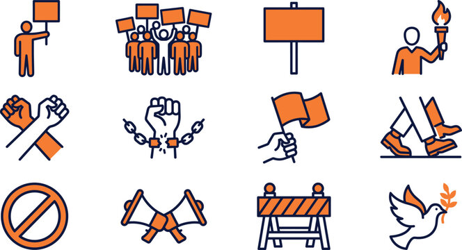 Political Protest and Human Rights Activism Icon Set with Demonstration Crowd, Raised Fists, Megaphones, Broken Chains, and Peace Dove Orange Graphic Symbols
