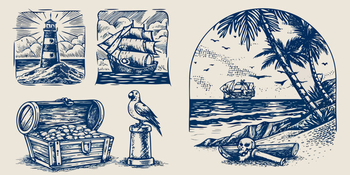 Pirate themed Engravings Lighthouse Ship Treasure Parrot And Tropical Scene