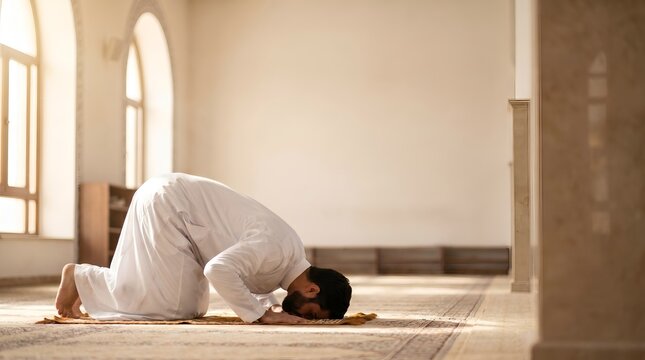 Muslim man in white thobe performing sujud prayer inside a bright mosque on a traditional rug for spiritual worship.