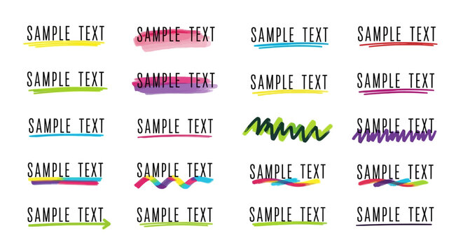 Hand drawn colorful highlighter strokes and marker lines set, vibrant neon brush underlines for text emphasis, 20 decorative vector elements