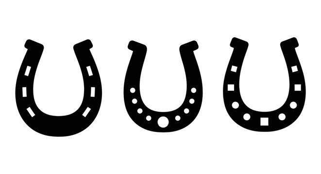 Horseshoe silhouette vector set, black lucky horseshoe icons for western design, equestrian metal shoe symbols for horse racing and ranch branding
