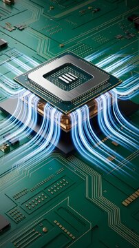 Close-up of Central Processing Unit with Circuit Board and Data Flow Visuals