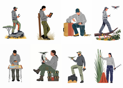 Set of illustrations featuring researchers and conservationists using drones, technology, and equipment for wildlife monitoring and environmental protection in various outdoor settings.