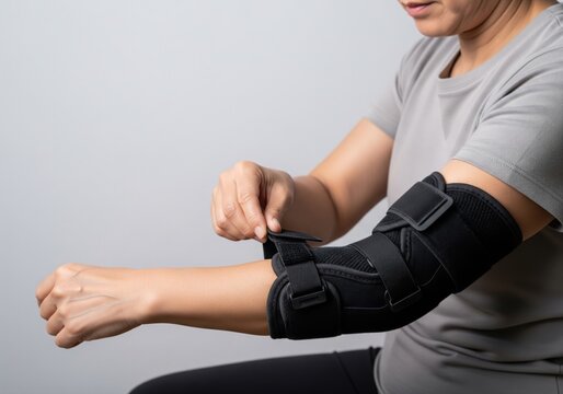 Elbow brace application for tendon pain shows orthopedic support recovery movement protection and active treatment concept for rehabilitation marketing and healthcare stock use